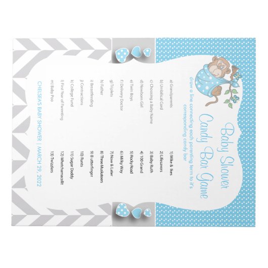 Baby Blue, White en Grey Monkey Baby shower - Game Notitieblok (Voorkant)