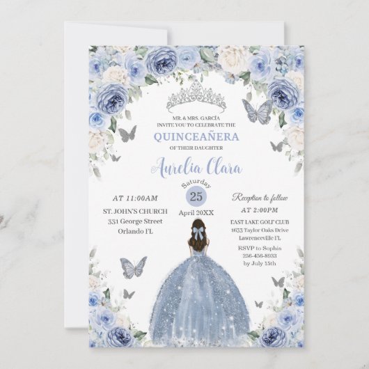 Baby Blue White Floral Princess Quinceañera XV 16 Kaart (Voorkant)