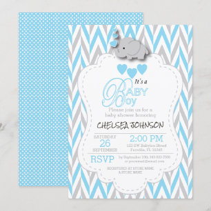 Baby Blue, White Grey Elephant Baby shower 2 Kaart