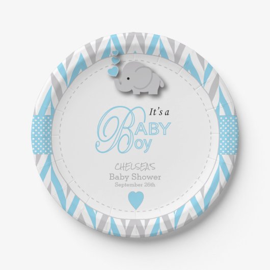 Baby Blue, White Grey Elephant Baby shower 2 Papieren Bordje (Voorkant)