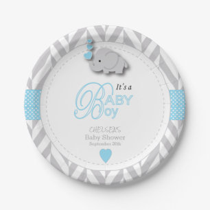Baby Blue, White Grey Elephant Baby shower Papieren Bordje