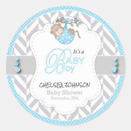 Baby Blue, White Grey Monkey Baby shower Ronde Sticker