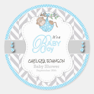Baby Blue, White Grey Monkey Baby shower Ronde Sticker