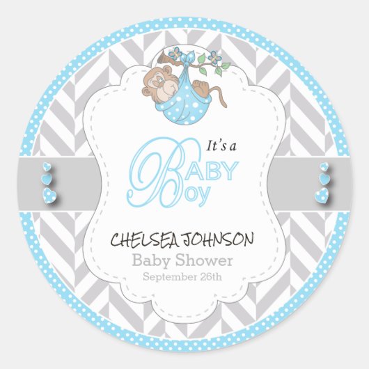 Baby Blue, White Grey Monkey Baby shower Ronde Sticker (Voorkant)