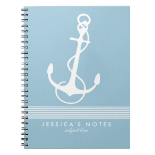 Baby Blue & White Stripes Nautical Boat Anchor 2 Notitieboek