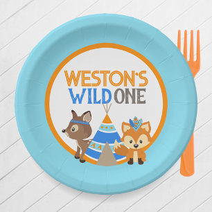 Baby Blue Wild One Woodland Verjaardagsfeestje Bor Papieren Bordje