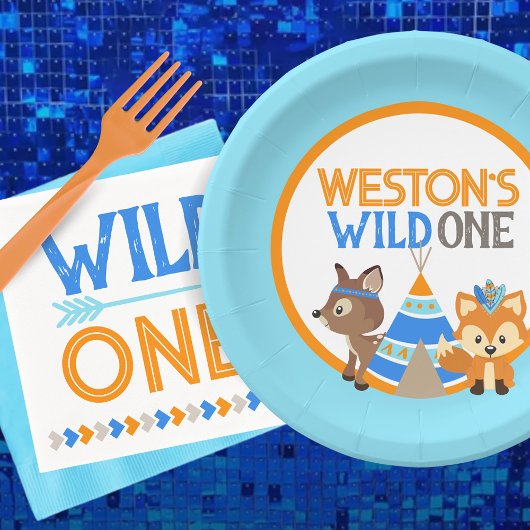 Baby Blue Wild One Woodland Verjaardagsfeestje Bor Papieren Bordje