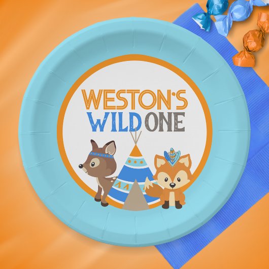 Baby Blue Wild One Woodland Verjaardagsfeestje Bor Papieren Bordje