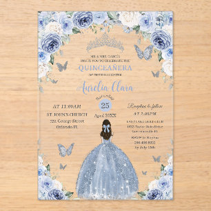 Baby Blue Witte Bloemige Prinses Quinceañera XV 16 Acryl Uitnodigingen