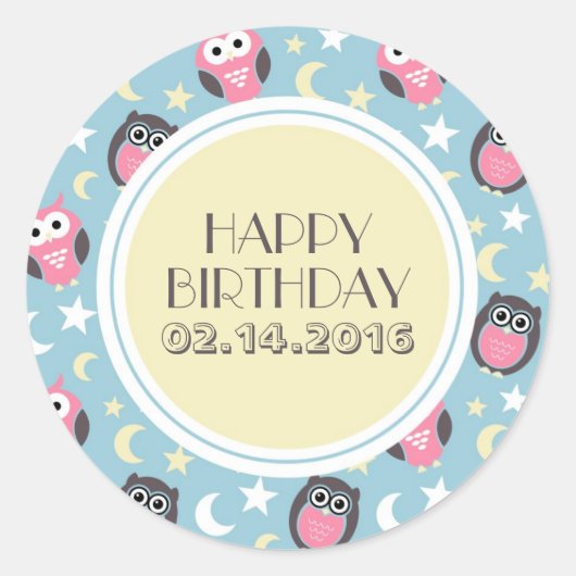 Baby Blue Yellow Night Owl Happy Birthday Sticker (Voorkant)