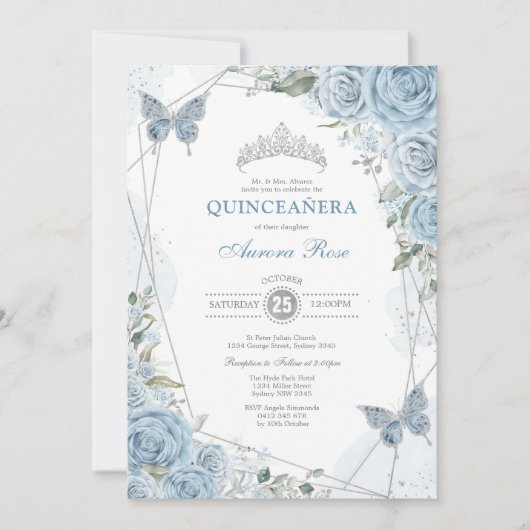 Baby Blue Zilver Quinceañera Vlinder Geometrisch Kaart (Voorkant)