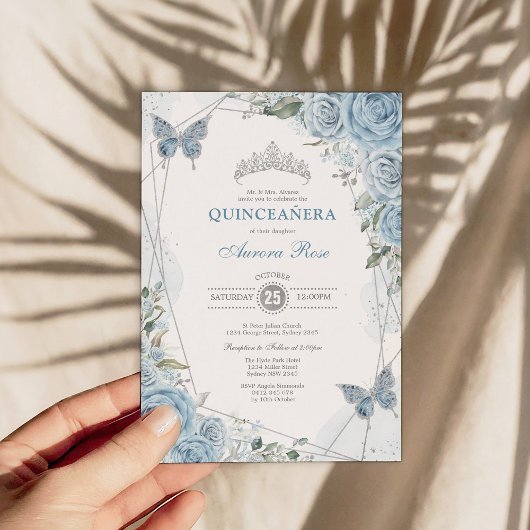 Baby Blue Zilver Quinceañera Vlinder Geometrisch Kaart