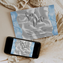 Baby Blue Zilveren Agaat Witte Zijde Save the Date Kaart