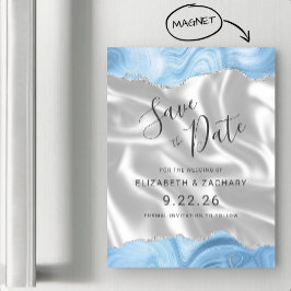 Baby Blue Zilveren Agaat Witte Zijde Save the Date Magnetische Uitnodiging