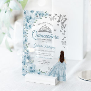 Baby Blue Zilveren Bloem Quinceanera Acryl Uitnodigingen