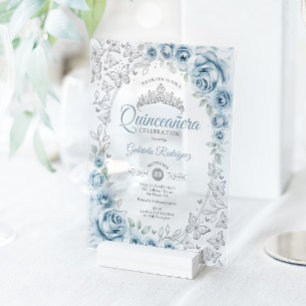 Baby Blue Zilveren Bloemige Quinceanera Acryl Uitnodigingen