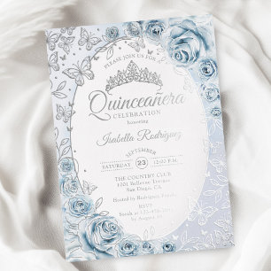 Baby Blue Zilveren Bloemstuk Quinceanera Folie Uitnodiging