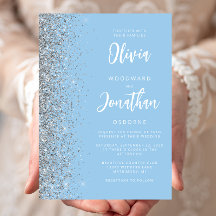 Baby Blue Zilveren Glitter Calligrafie Bruiloft