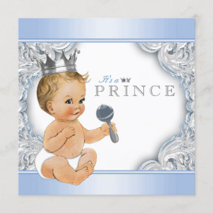 Baby Blue Zilveren Prins Baby Shower Kaart