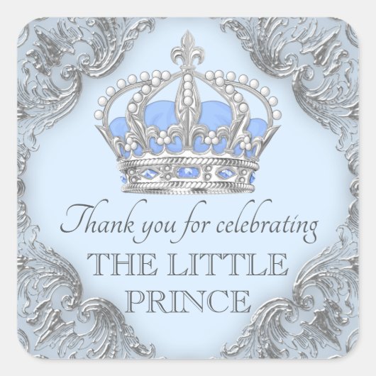Baby Blue Zilveren Prins Baby Shower Stickers (Voorkant)