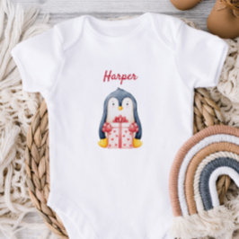 Baby Body Met Een Pinguïn Die Een Cadeau Doos Vast Romper