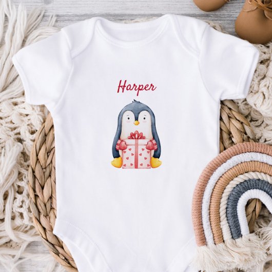 Baby Bodysuit With A Penguin Holding A Gift Box