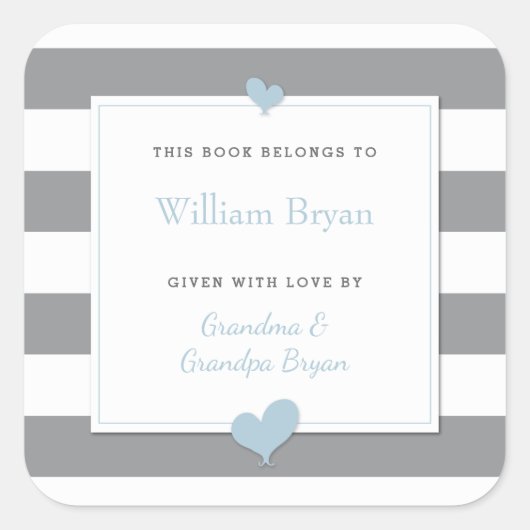 Baby Boekplaat Grijs Gestreepte Lichtblauwe Hartje Vierkante Sticker (Voorkant)