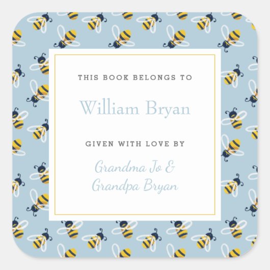 Baby Boekplaat Hemelblauw Honingbijen Vierkante Sticker (Voorkant)