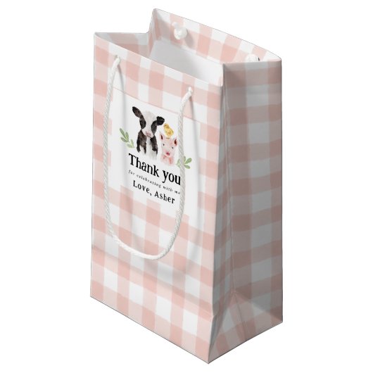 Baby Boerderijdieren Roze Gingham Kleine Gift Bag Klein Cadeauzakje (Voorkant Gekanteld)