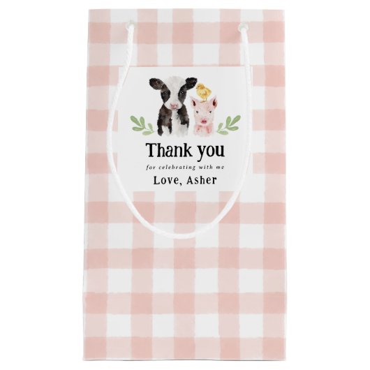Baby Boerderijdieren Roze Gingham Kleine Gift Bag Klein Cadeauzakje (Voorkant)