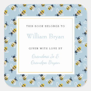 Baby Bookplate Sky Blue Honey Bees Vierkante Sticker