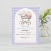 Baby Bottle Carriage Blue Pink Gingham Baby Reveal Kaart (Staand voorkant)