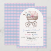 Baby Bottle Carriage Blue Pink Gingham Baby Reveal Kaart (Voorkant / Achterkant)