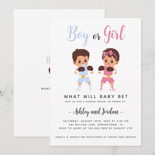 Baby Boxing Match Geslacht Reveal Invitation Kaart (Voorkant / Achterkant)