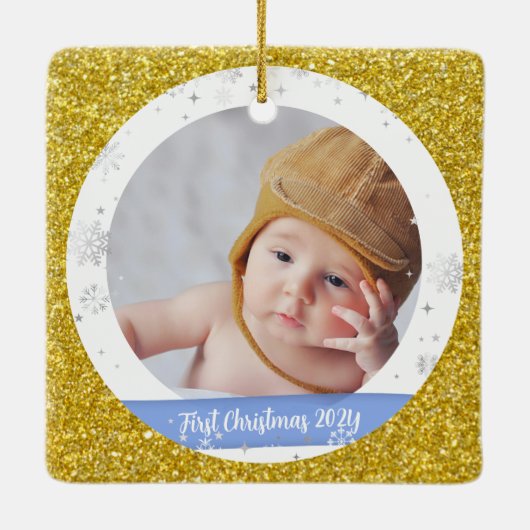 Baby Boy 1e Kerstmis als grootouders 2 foto's Keramisch Ornament (Achterkant)