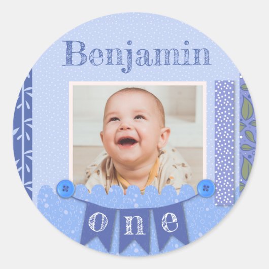 Baby Boy 1e verjaardag Blauwe scrapbook Ronde Sticker (Voorkant)
