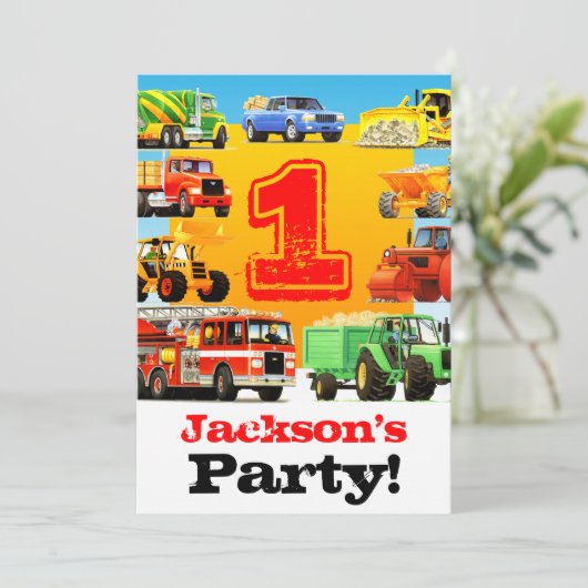 Baby Boy 1st Birthday Big Trucks Party Kaart (Staand voorkant)