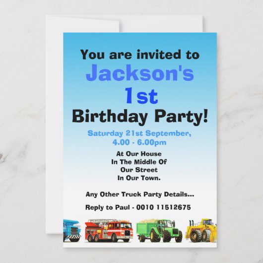Baby Boy 1st Birthday Big Trucks Party Kaart (Achterkant)