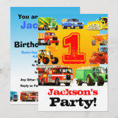 Baby Boy 1st Birthday Big Trucks Party Kaart (Voorkant / Achterkant)