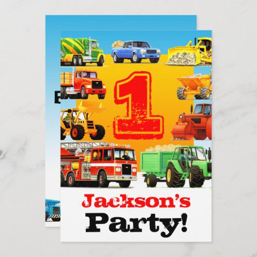 Baby Boy 1st Birthday Big Trucks Party Kaart (Voorkant / Achterkant)