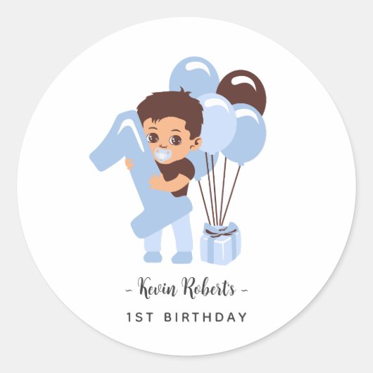 Baby Boy 1st Birthday Blue Balloon Ronde Sticker (Voorkant)