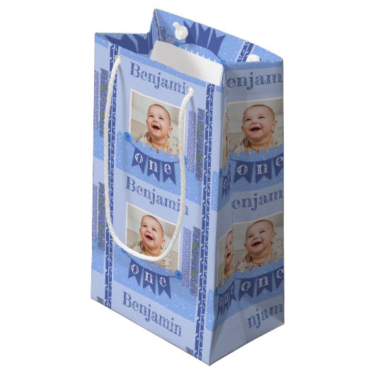 Baby Boy 1st Birthday Blue Scrapbook Small Gift Ba Klein Cadeauzakje (Voorkant Gekanteld)