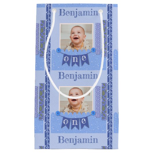 Baby Boy 1st Birthday Blue Scrapbook Small Gift Ba Klein Cadeauzakje (Voorkant)