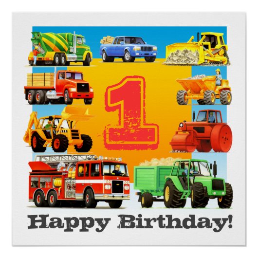Baby Boy 1st Happy Birthday Construction Truck Perfect Poster (Voorkant)
