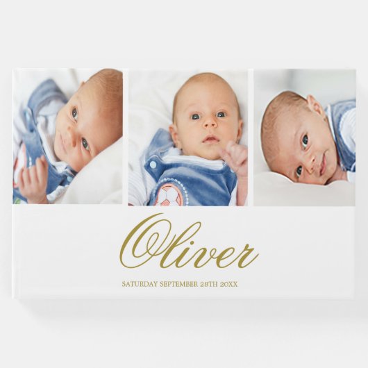 Baby Boy 3 Foto Collage Gold Elegant Gastenboek (Voorkant)