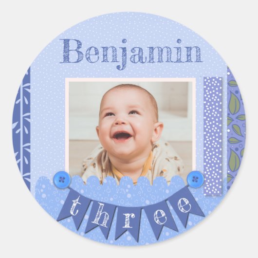Baby Boy 3rd Birthday Blue Scrapbook Ronde Sticker (Voorkant)