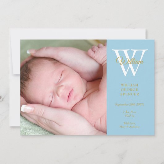 Baby Boy 4 Foto's Blue Monogram Gold Script Birth Aankondiging (Voorkant)