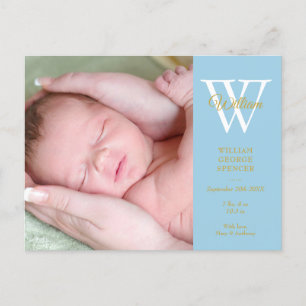 Baby Boy 4 Foto's Goud Script Monogram Blauw Geboo Aankondigingskaart