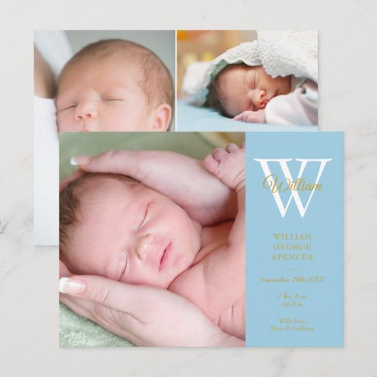 Baby Boy 4 Foto's Goud Script Monogram Blauw Geboo Aankondigingskaart (Voorkant / Achterkant)
