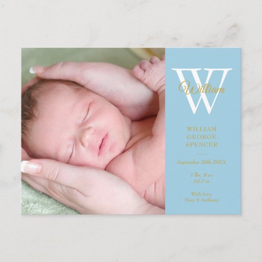 Baby Boy 4 Foto's Goud Script Monogram Blauw Geboo Aankondigingskaart (Voorkant)